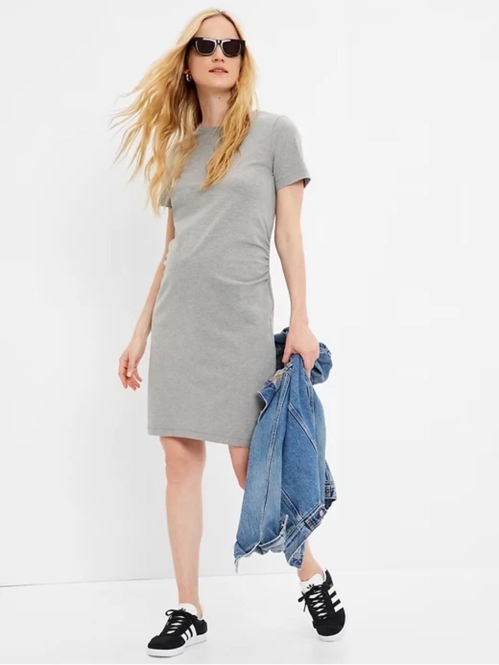 NWOT GAP Maternity T Shirt Dress, Fitted Ruched Sides Gray Cotton Soft Stretch